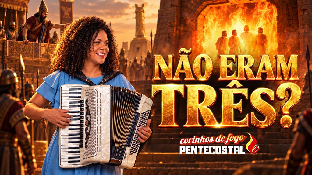 Sadraque, Mesaque e Abede-Nego na fornalha em A Fornalha, corinho de fogo inspirado em Daniel 3