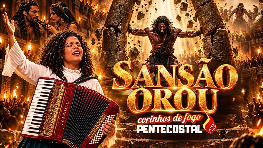 Sansão entre as duas colunas do templo no Corinho de Fogo Fortalece-me